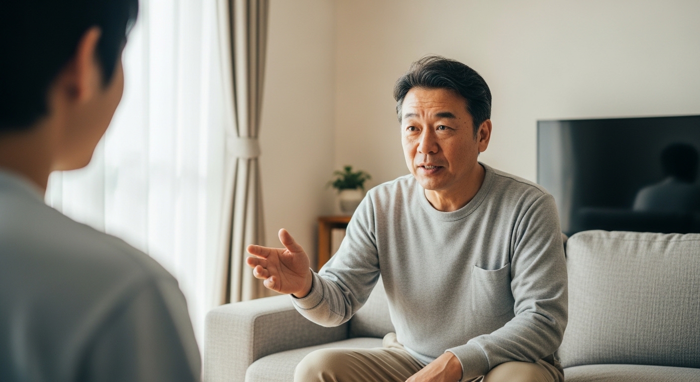 福島方言を交えながら男性同士が笑顔で語り合い、距離感が自然に縮まっていく温かな日常風景