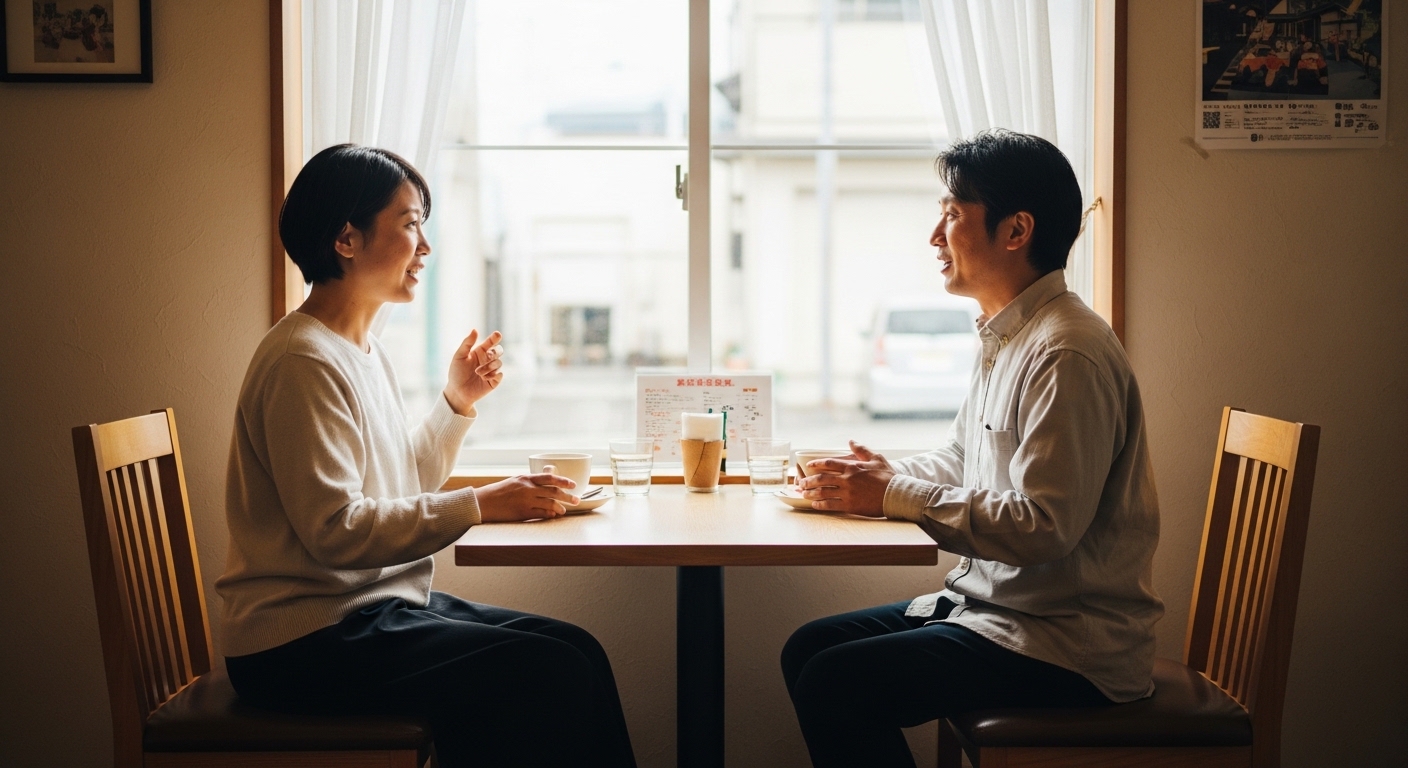 群馬方言で自然に笑い合いながら会話を広げる女性が、地元らしい温かな空気を感じている場面