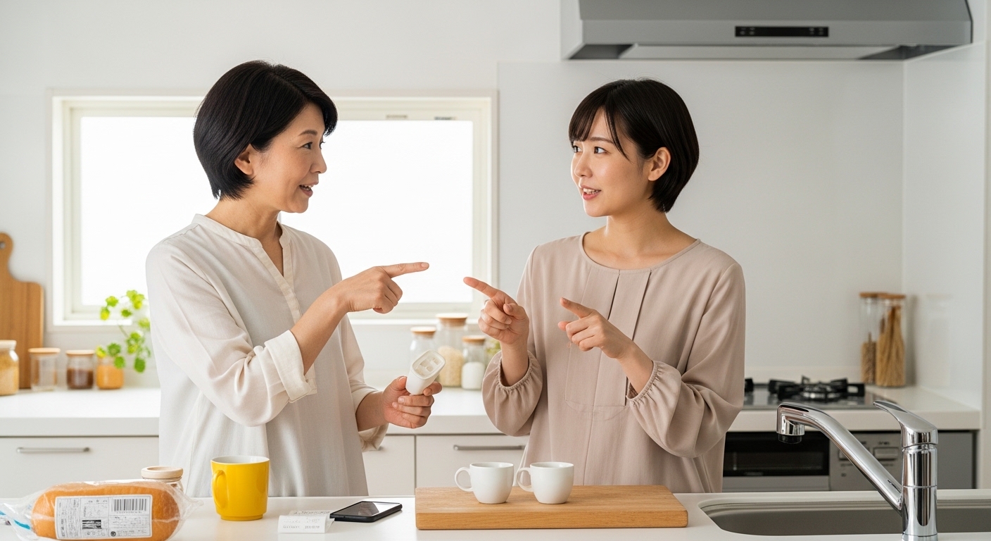 日本人女性が佐賀弁の柔らかな語尾で話す様子