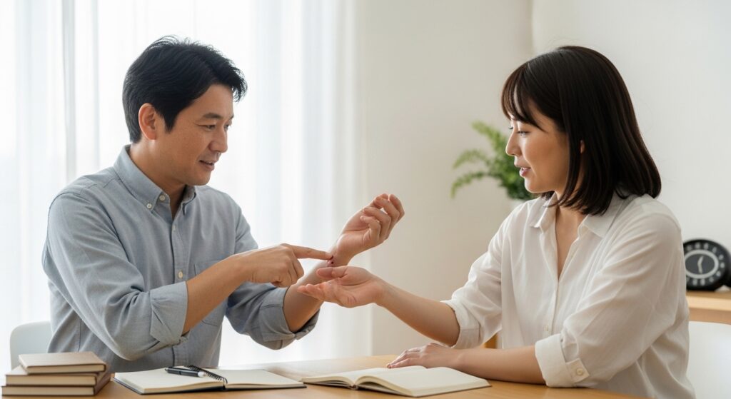 日本人男性の腕にできた青あざ