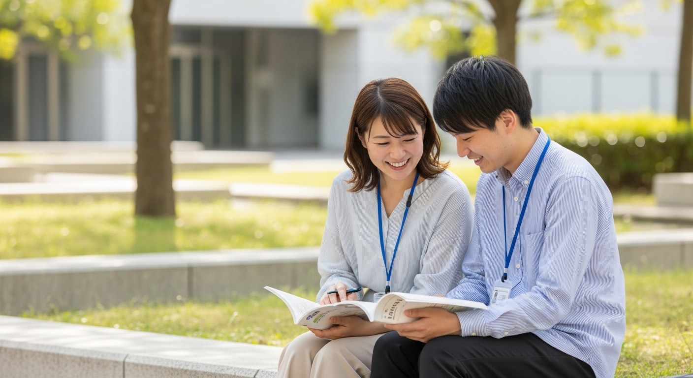 茨城弁の例文を確認しながら、語尾による意味や使い方の違いを考える男性を表した方言イメージ画像